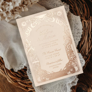 Invitation En Aluminium Cadre Art Nouveau Monogramme Mariage Rose Pêche