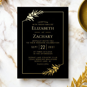 Invitation En Aluminium Cadre botanique élégant mariage noir or