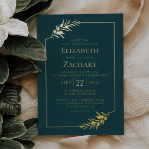 Invitation En Aluminium Cadre Botanique Élégant Or Vert Émeraude Mariage
