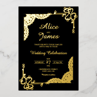 Invitation En Aluminium Cadre de cœur Mandala Luxe Noir Or Feuille Mariage