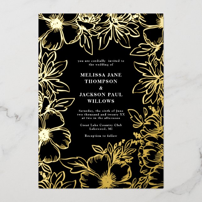 Invitation En Aluminium Cadre de couronne de fleurs dorées élégant mariage (Recto)