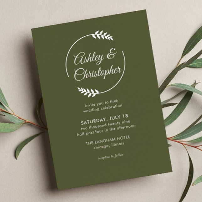 Invitation En Aluminium Cadre de feuillage moderne Mariage vert olive (Créateur téléchargé)