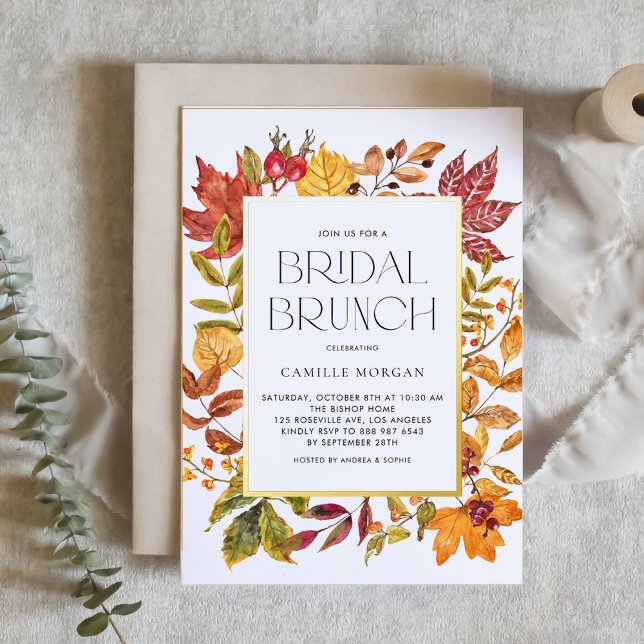 Invitation En Aluminium Cadre de feuilles d'automne à l'aquarelle Brunch d (Customizable fall bridal brunch invitation featuring watercolor autumn foliage and gold foil frame)