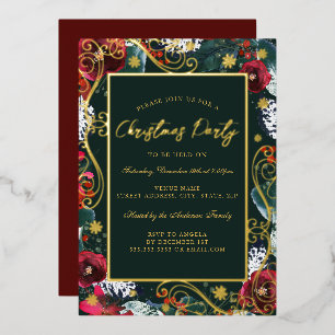 Invitation En Aluminium Cadre de fleurs tourbillonnant rouge vert or fête