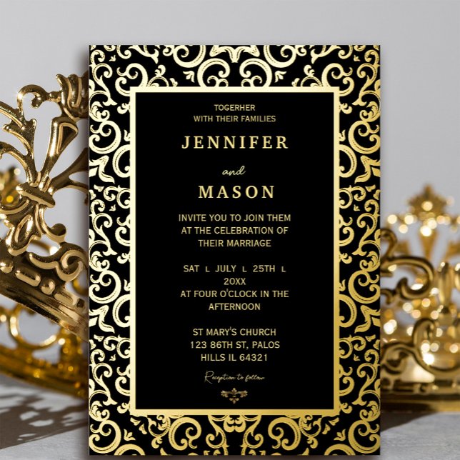 Invitation En Aluminium Cadre de mariage élégant en or (Elegant gold Frame Wedding Foil Invitation #luxurygoldfoil #decoration #elegantgoldframe #zazzlemade)