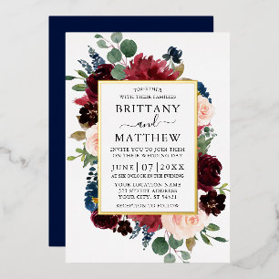 Invitation En Aluminium Cadre de mariage floral aquarelle bleu or