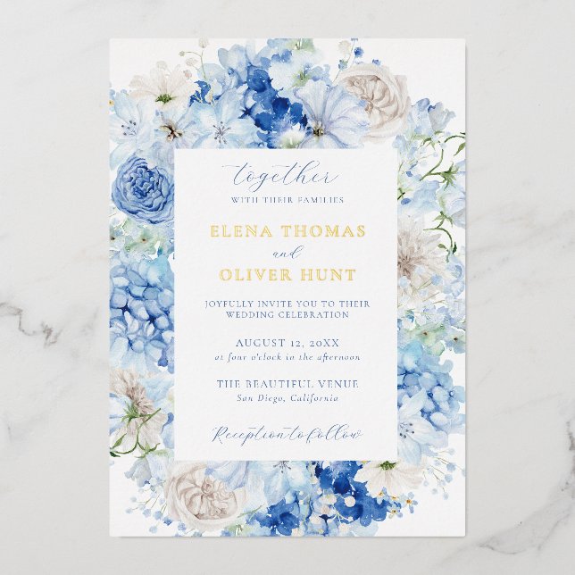 Invitation En Aluminium Cadre de mariage floral bleu élégant (Recto)