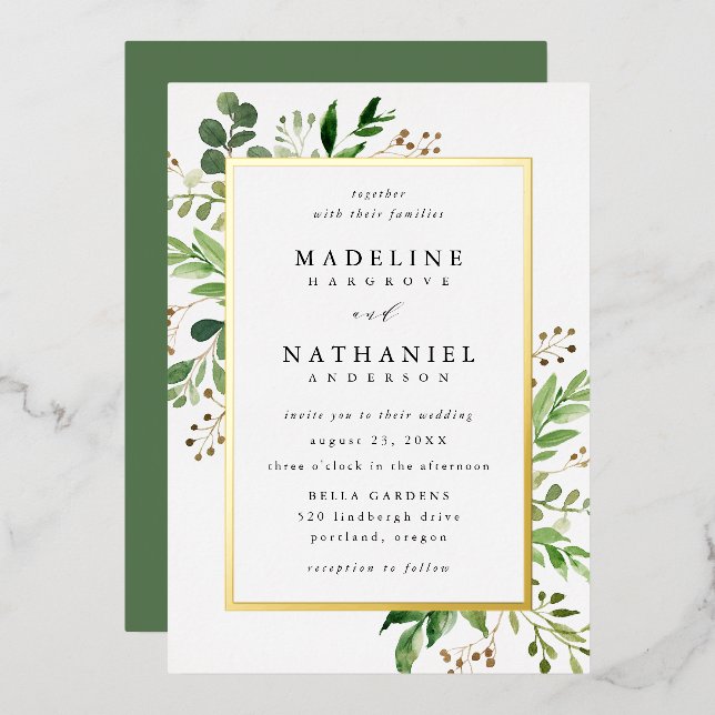 Invitation En Aluminium Cadre de verdure à l'aquarelle Mariage (Recto/Verso)