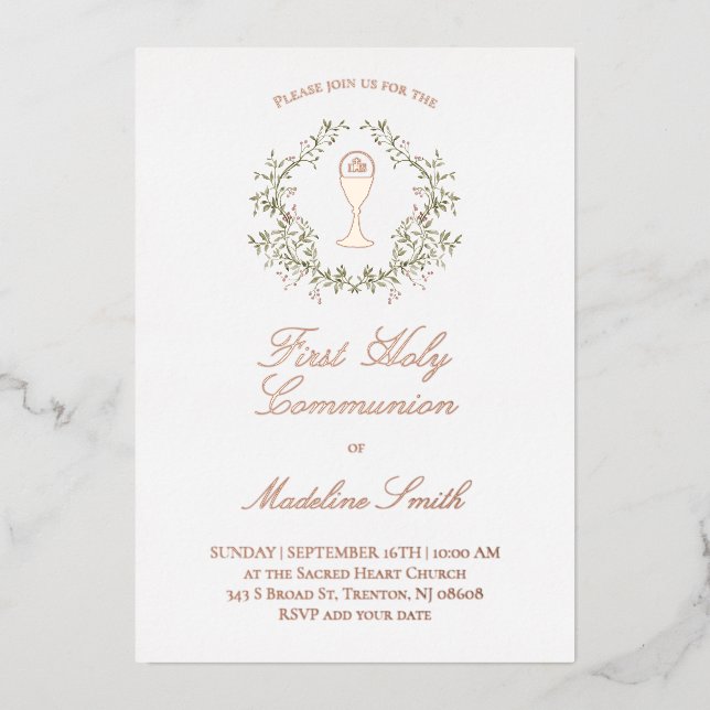 Invitation En Aluminium cadre de verdure Première Sainte Communion (Recto)