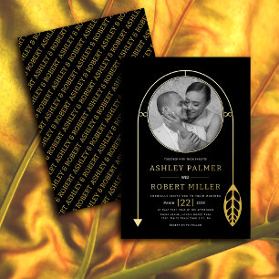 Invitation En Aluminium Cadre doré avec feuille et photo de mariage noir