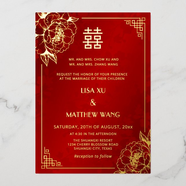Invitation En Aluminium Cadre doré bilingue Paonée Mariage chinois (Recto)