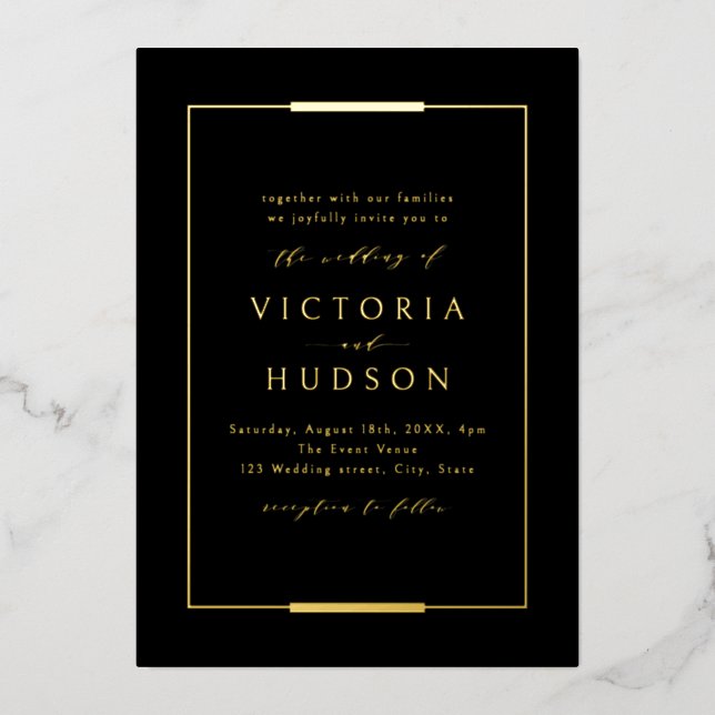 Invitation En Aluminium Cadre Elegance Black Gold Simple Mariage moderne (Recto)