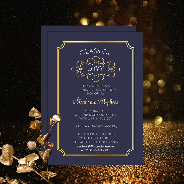 Invitation En Aluminium Cadre élégant Blue College Graduation Party Foil (Elegant Frame Blue College Graduation Party Gold Foil Announcement and Party Invitation)