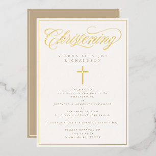 Invitation En Aluminium Cadre élégant en or & Croix Calligraphie Baptême