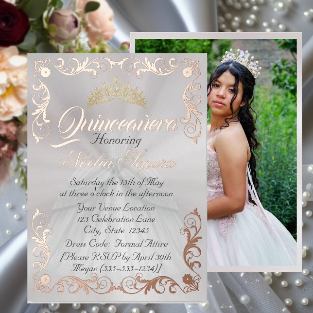 Invitation En Aluminium Cadre élégant et photo sur Blanc Quinceanera (Créateur téléchargé)