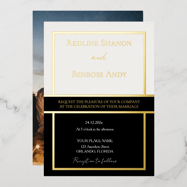 Invitation En Aluminium Cadre élégant ivoire et design noir or (Recto/Verso)