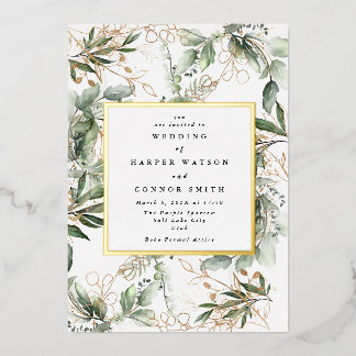 Invitation En Aluminium Cadre en feuille d'or blanc | Eucalyptus botanique