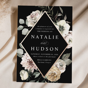 Invitation En Aluminium Cadre Floral de Mariage Noir pour l'Hiver Élégant