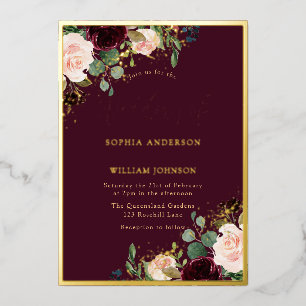 Invitation En Aluminium Cadre floral de mariage réel en Bourgogne doré 
