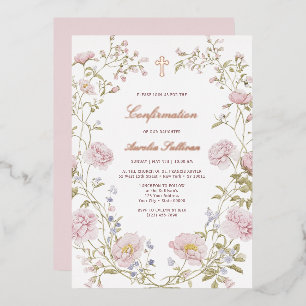 Invitation En Aluminium Cadre floral rose confirmation