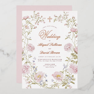 Invitation En Aluminium Cadre floral rose mariage religieux