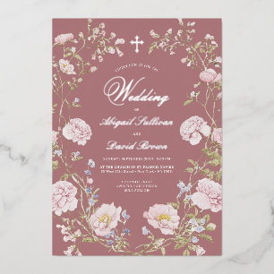 Invitation En Aluminium Cadre floral rose poudré pour mariage religieux