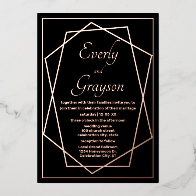 Invitation En Aluminium Cadre géométrique abstrait rose gold mariage Fo (Recto)