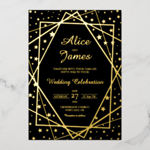 Invitation En Aluminium Cadre Géométrique Élégant Mariage Noir Or Feuille