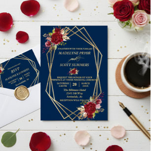 Invitation En Aluminium Cadre géométrique or Fleur Aquarelle Bourgogne