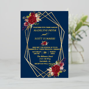 Invitation En Aluminium Cadre géométrique or Fleur Aquarelle Bourgogne