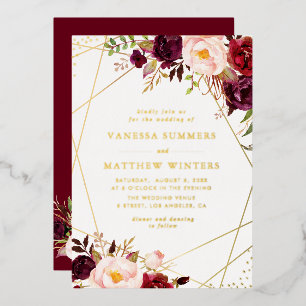 Invitation En Aluminium Cadre géométrique or floral bordeaux mariage