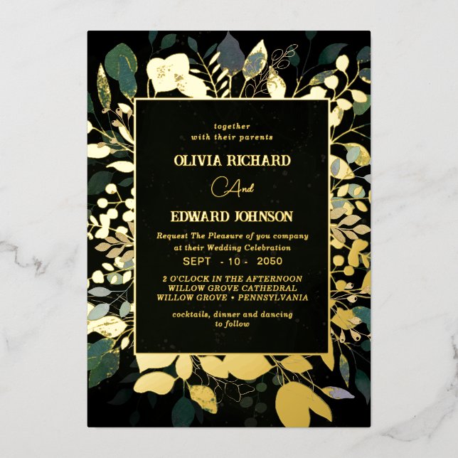 Invitation En Aluminium Cadre géométrique vert et or feuillage (Recto)