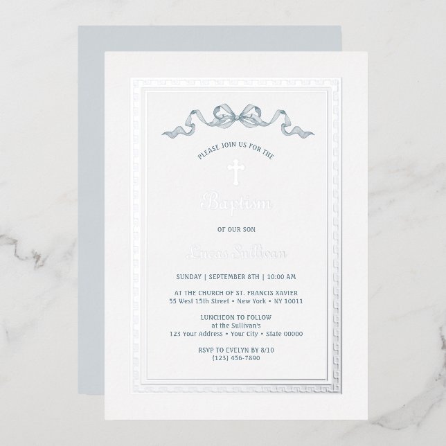 Invitation En Aluminium Cadre grec argent Dusty Blue Bow Baptisé (Recto/Verso)