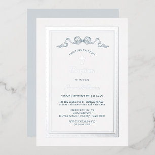 Invitation En Aluminium Cadre Grec Argent Ruban Bleu Poussiéreux Baptême