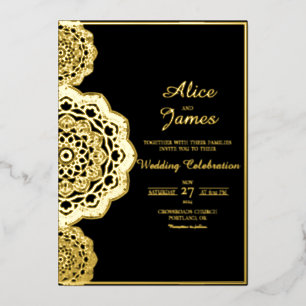Invitation En Aluminium Cadre latéral Mandala Élégant Mariage Noir Feuille