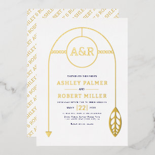 Invitation En Aluminium Cadre or avec feuille et initiales mariage blanc