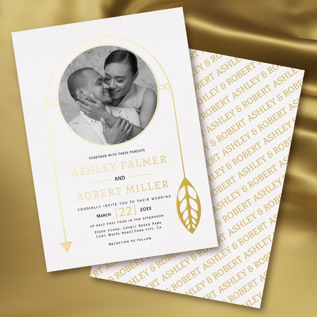 Invitation En Aluminium Cadre or avec feuille et photo mariage blanc (Créateur téléchargé)