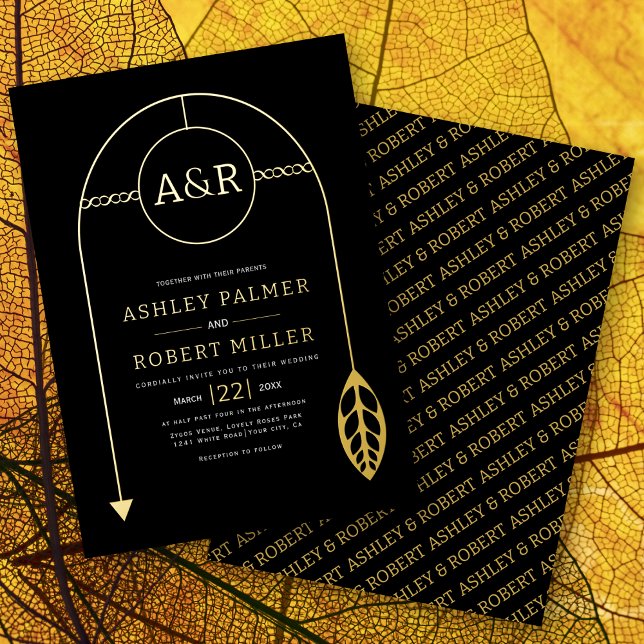 Invitation En Aluminium Cadre or avec feuille, initiales mariage noir (Créateur téléchargé)