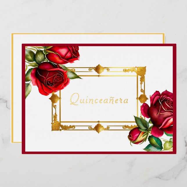 Invitation En Aluminium Cadre Or Roses Rouges Quinceañera (Recto/Verso)