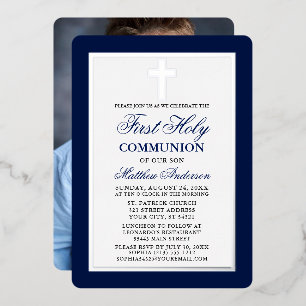 Invitation En Aluminium Cadre photo argenté pour première communion bleue