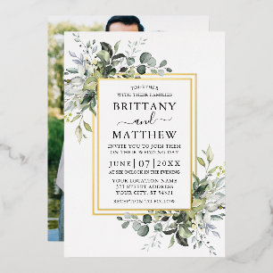 Invitation En Aluminium Cadre photo de mariage à la gouache verte 2 Or