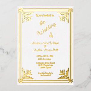 Invitation En Aluminium Cadre romantique blanc et or à motif de feuille d'