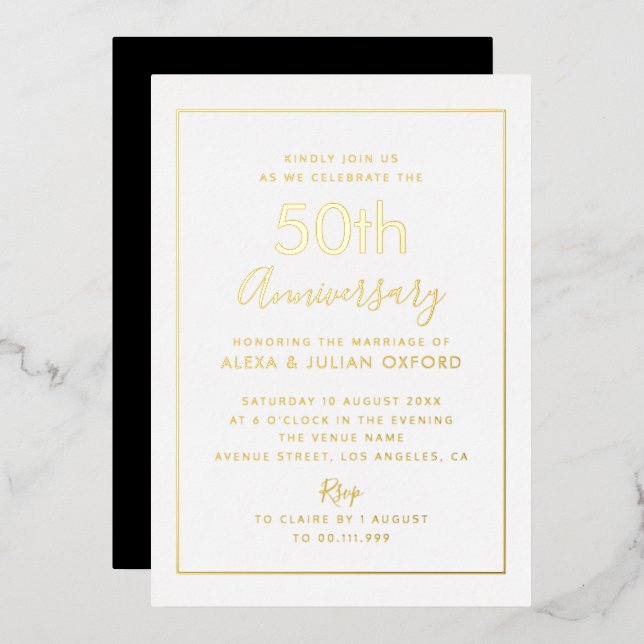 Invitation En Aluminium cadre simple 50e anniversaire or (Recto/Verso)