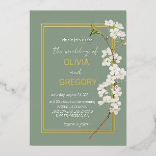 Invitation En Aluminium Cadre simple élégant blanc Fleur de cerisier & Or