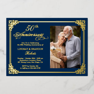 Invitation En Aluminium Cadre vintage bleu or pour photo de mariage annive