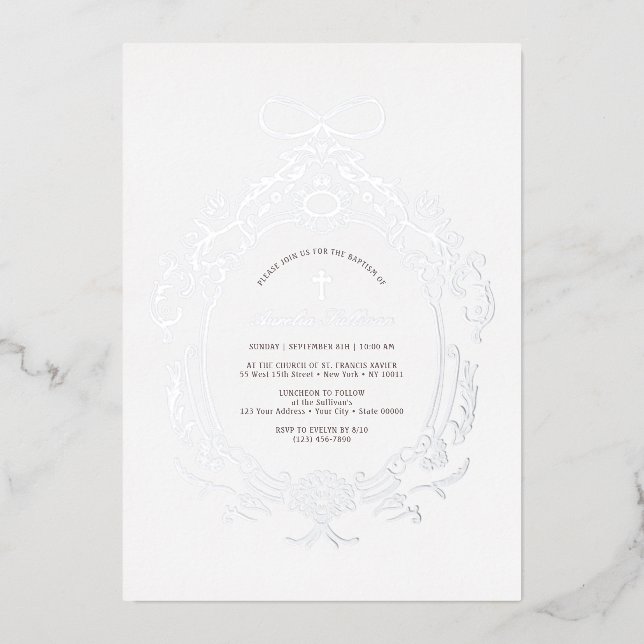 Invitation En Aluminium Cadre Vintage Classique Baptême Argent (Recto)