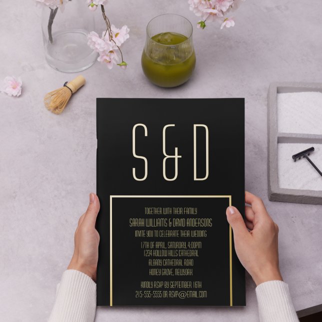 Invitation En Aluminium Cadres d'or minimaux Élégant Mariage noir (Créateur téléchargé)