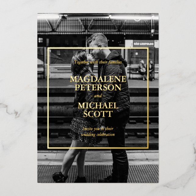 Invitation En Aluminium Cadres d'or photo noir et blanc personnel (Recto)