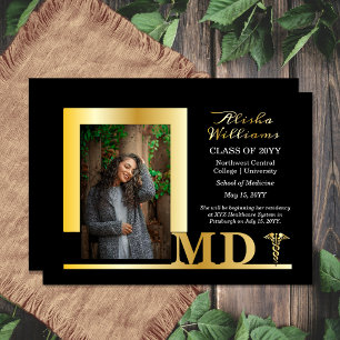 Invitation En Aluminium Caducée de docteur MD élégant Photo diplômé noir