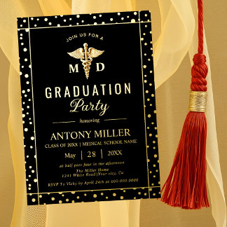 Invitation En Aluminium Caduceus Class Of 2026 black graduation Gold foil